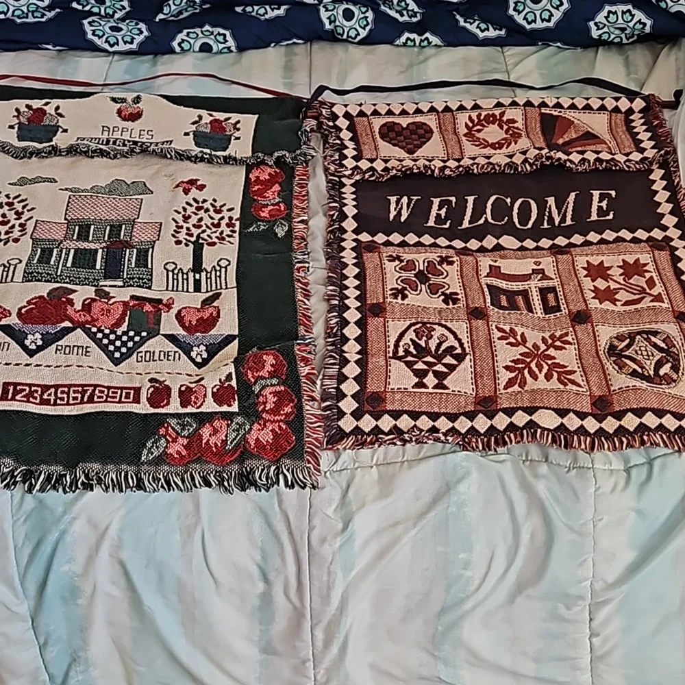 Vintage 90's Apples and Welcome Knit Tapestry Wall Hangings